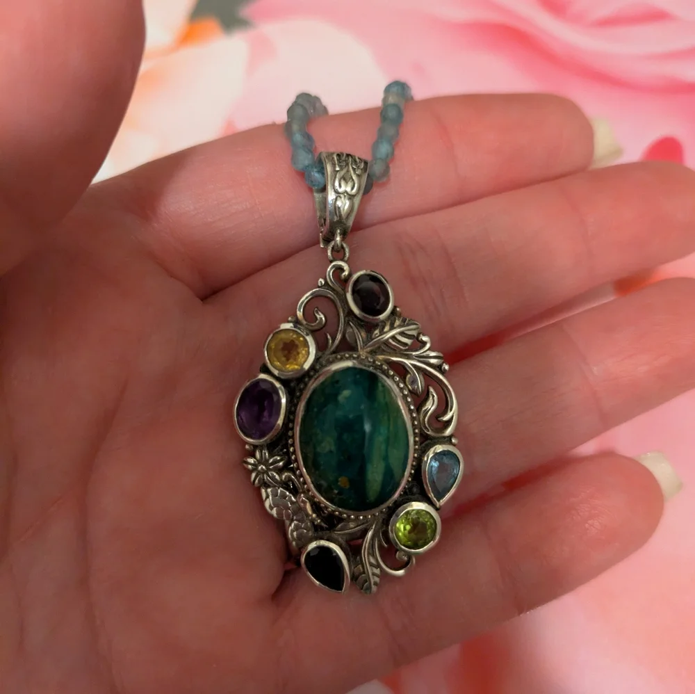 Sterling Silver Genuine Multi-Gemstone Pendant On A 20in Beaded Necklace - Picture 3 of 5